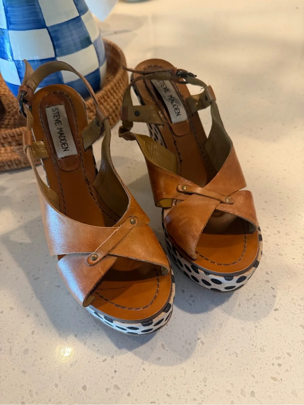 Steve Madden Women’s Leather Polka Dot Platform Heels 8 Y2K Boho Chunky 90s